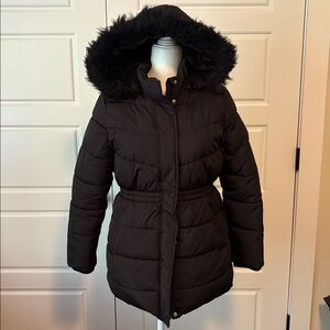 Black Puffer Coat with Removable Faux Fur Hood